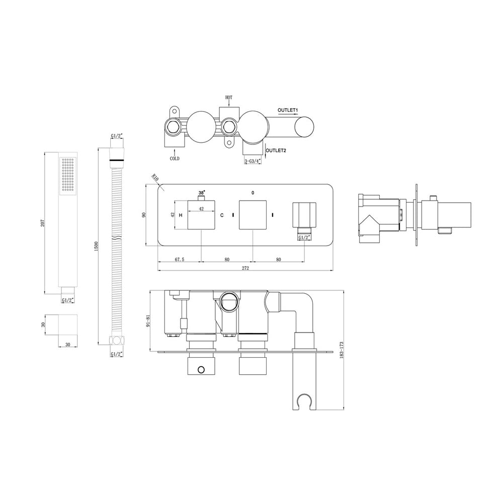 Auvellis Rovane thermostatic two-outlet shower valve with handset – alternative view