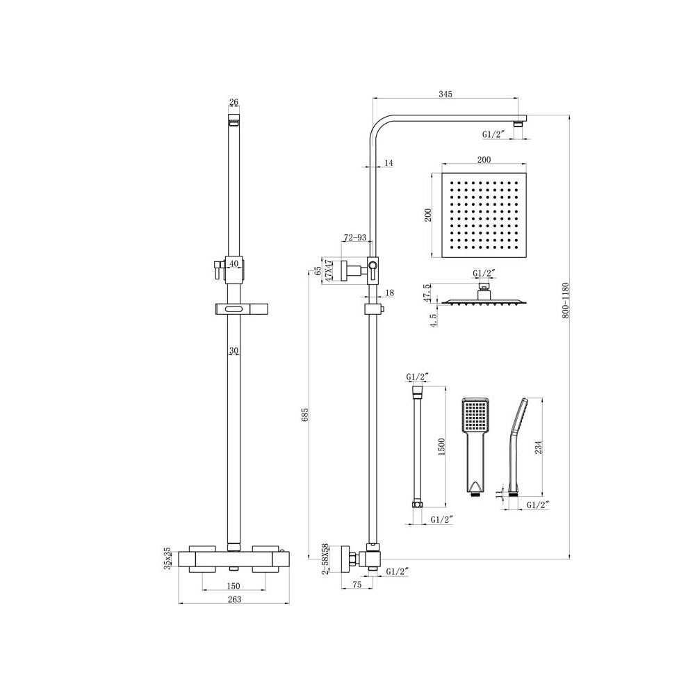 Comet 2 Outlet Exposed Thermostatic Shower Pack With Rigid Riser Shower Set With Slide Rail Black