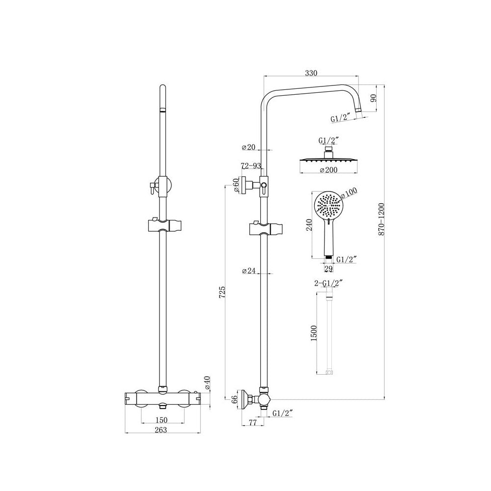 Astro 2 Outlet Round Thermostatic Shower Pack With Overhead Shower And Rigid Slide Rail Shower Kit Black