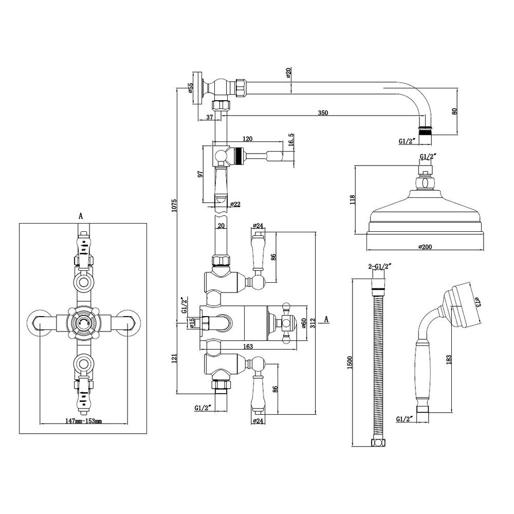 Auvellis Solenne Traditional 2-Outlet Thermostatic Shower Kit | Brushed Brass | PFDICM0708 | image 2
