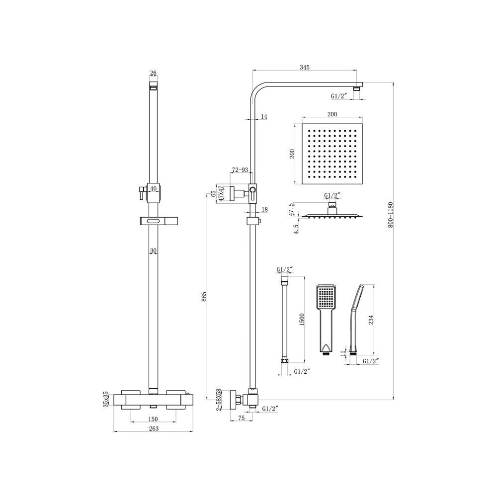 Comet 2 Outlet Exposed Thermostatic Shower Pack With Rigid Riser Shower Set With Slide Rail Brushed Brass