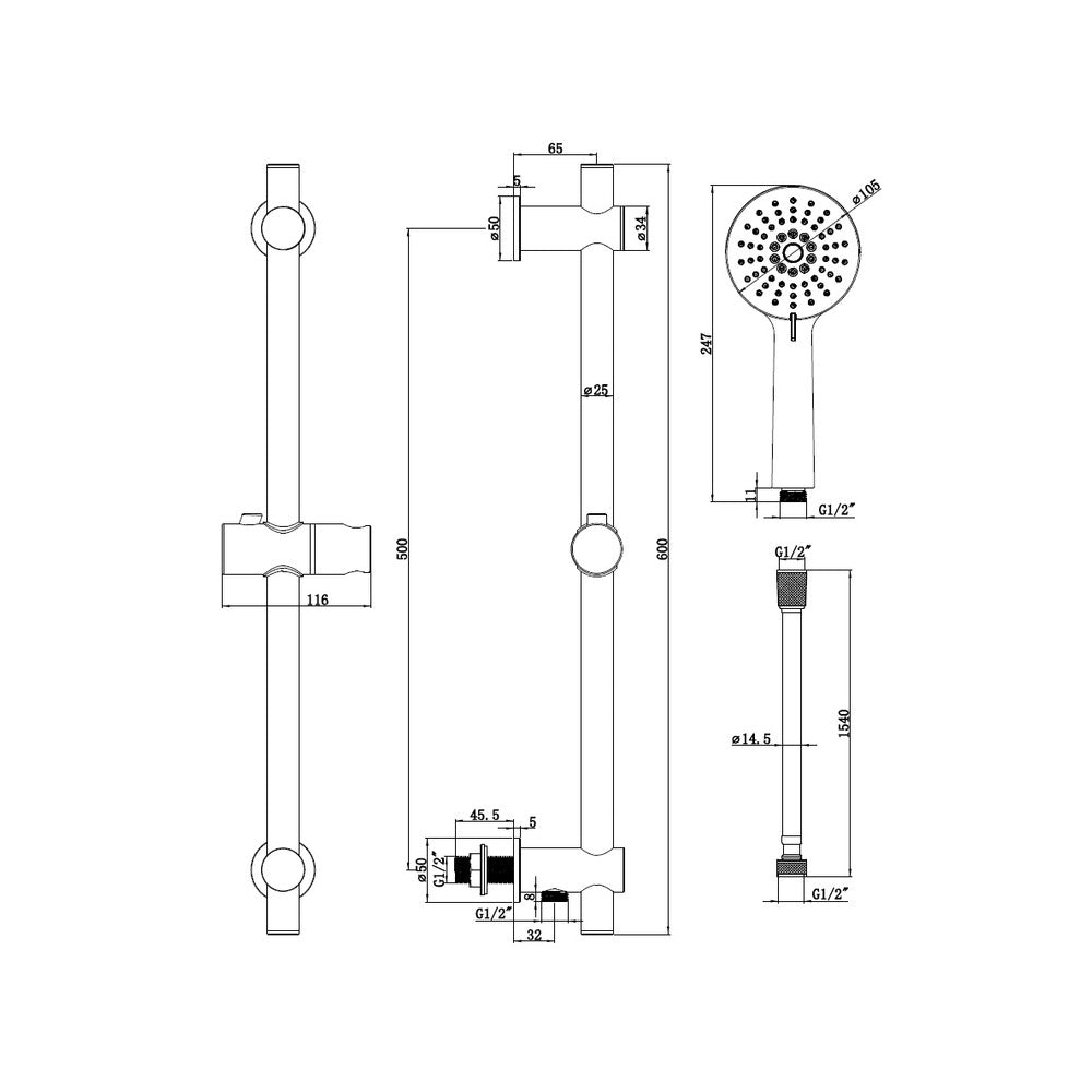 Auvellis Nexara Round Riser Rail Kit with Elbow & 3-Mode Handset – Brushed Brass – alternate view