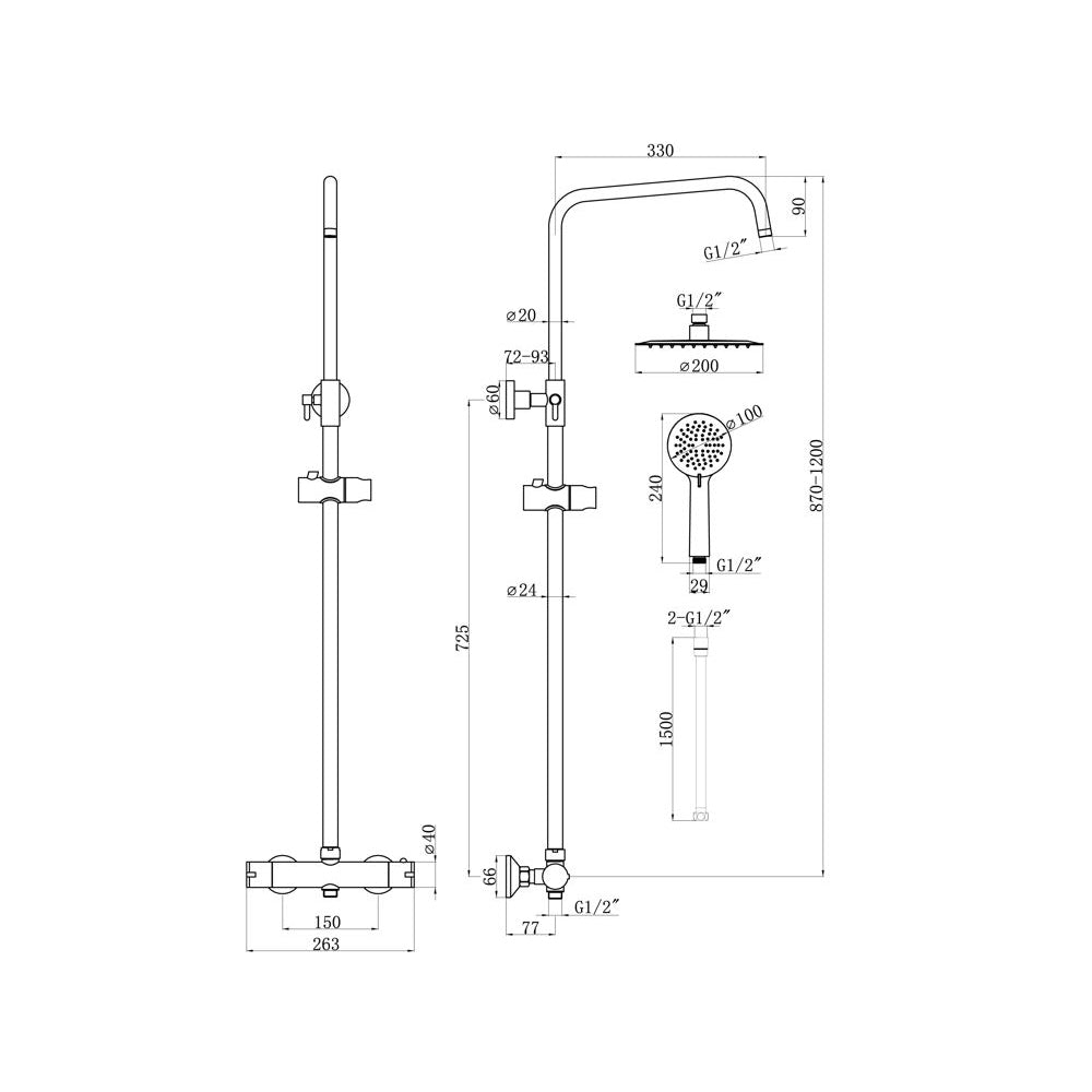 Auvellis round thermostatic bar mixer with riser kit – alternative view