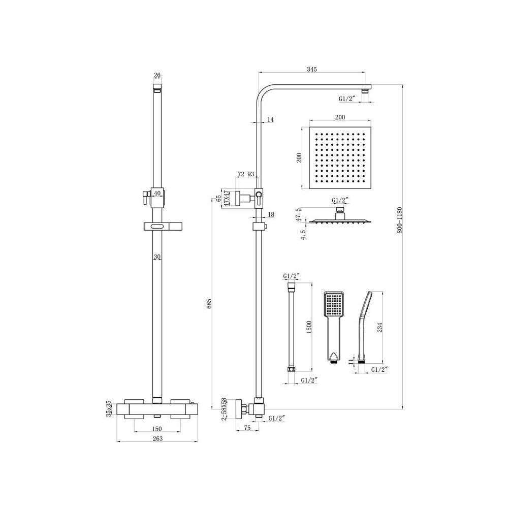 Auvellis Arven square thermostatic bar mixer with riser kit – product view