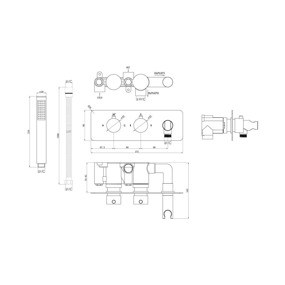 Luna 2 Outlet Horizontal Thermostatic Shower Pack With Abs Overhead Fixed Shower And Oultet Shower Kit Chrome