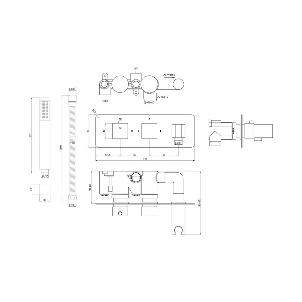 Lyra 2 Outlet Horizontal Thermostatic Shower Pack With Brass Overhead Fixed Shower And Outlet Shower Kit Chrome