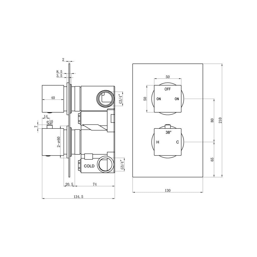 Auvellis Nexara 2-outlet square thermostatic shower pack in Brushed Brass – alternate product view