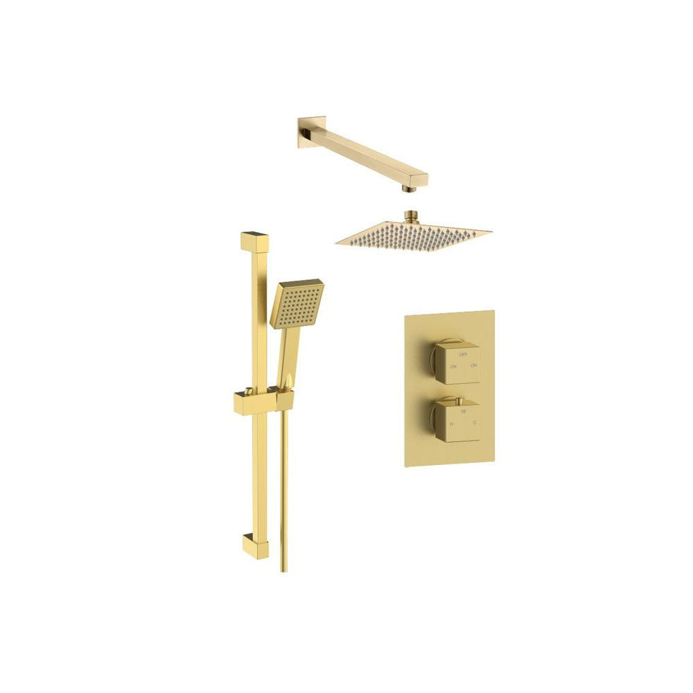 Auvellis Nexara 2-outlet square thermostatic shower pack in Brushed Brass – clean product view