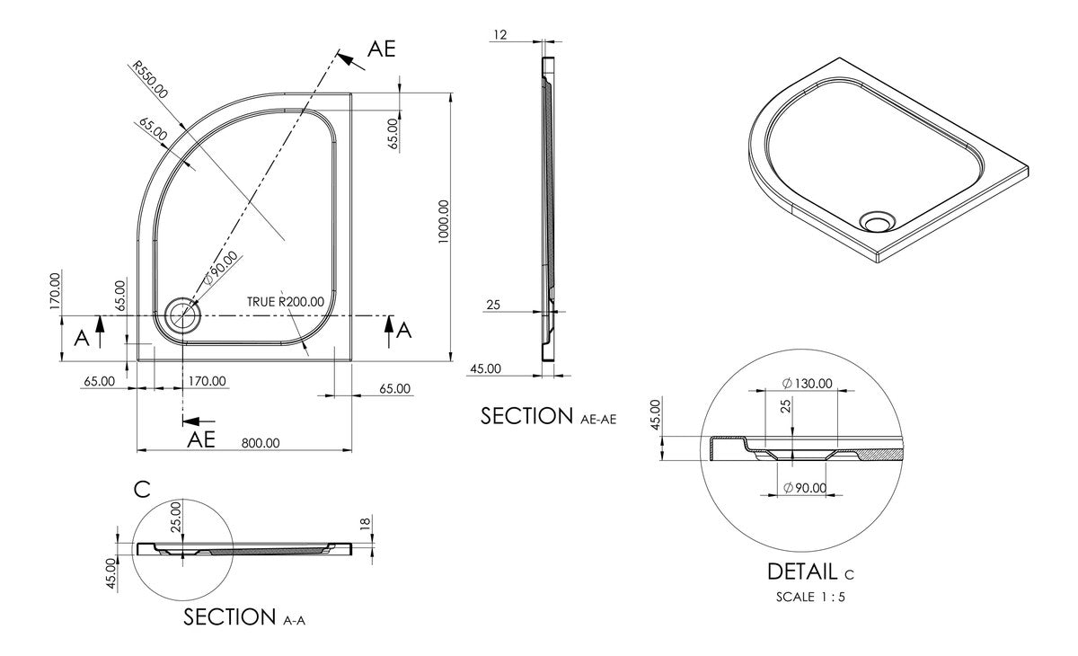 Auvellis 45mm offset quadrant shower tray in a bathroom setting