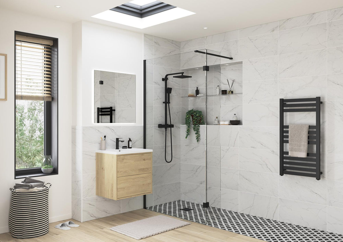 Auvellis 300mm hinged wetroom splash panel – Matt Black