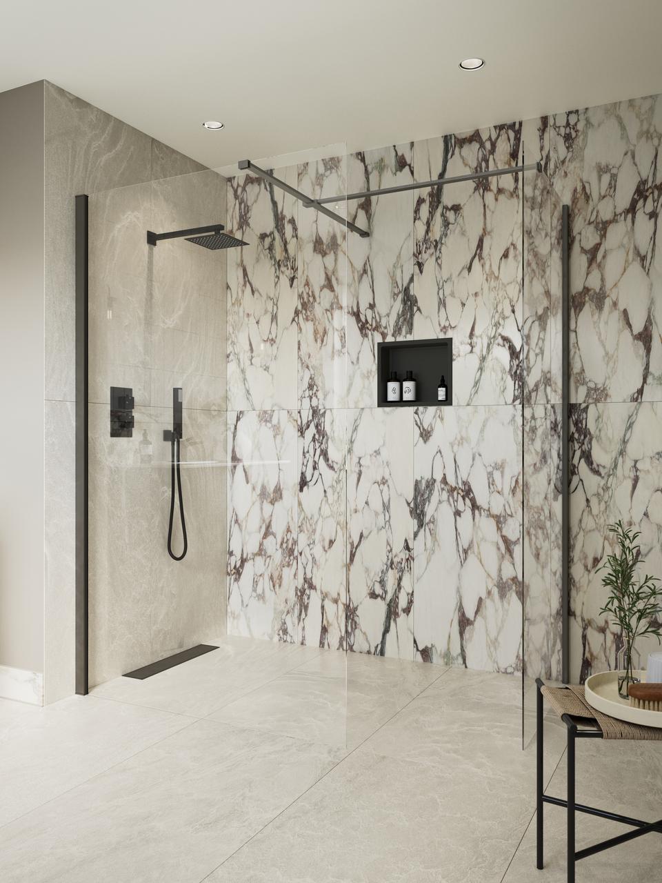 Auvellis 760mm wetroom side panel with arm – Gunmetal