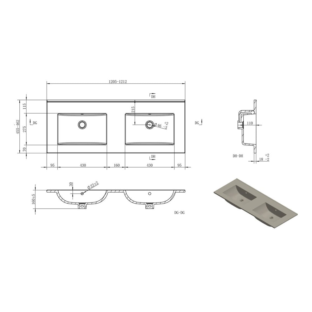 Auvellis Arven 1210mm double-bowl wall-hung vanity with 0 tap-hole basin