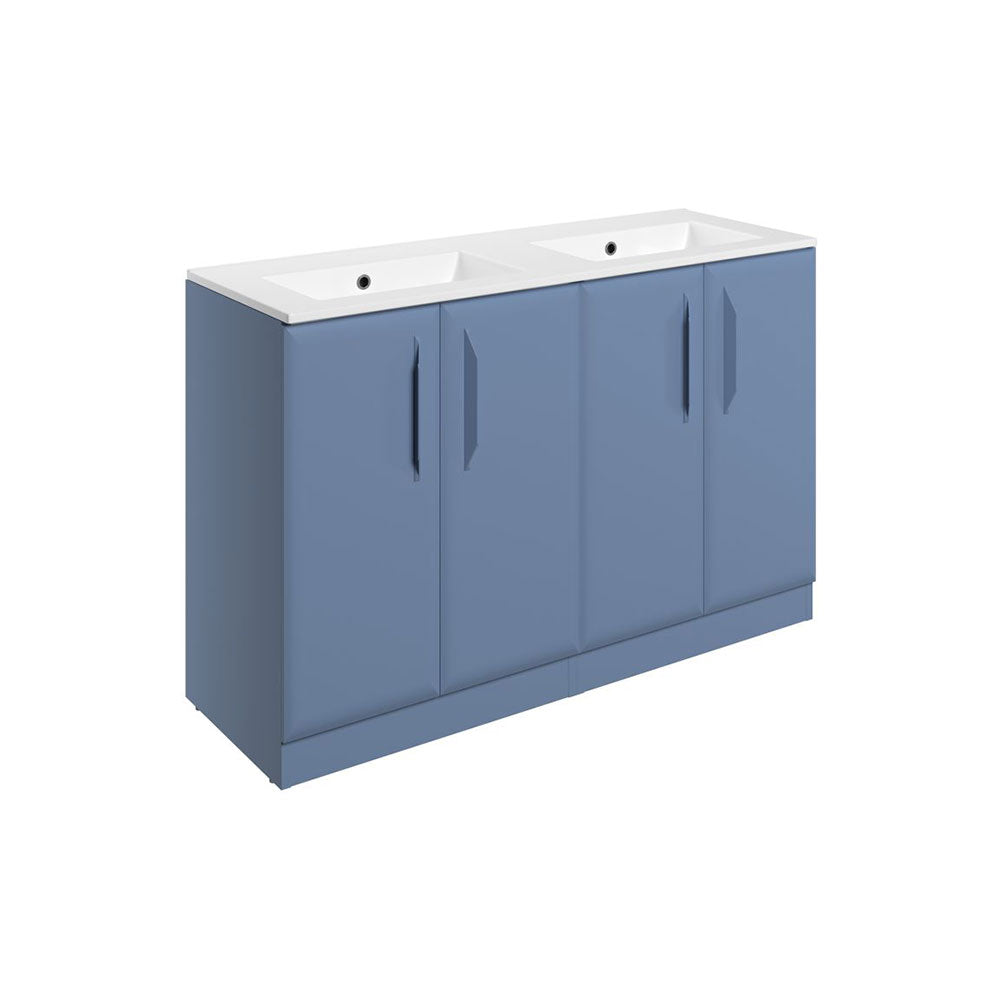 Auvellis Arven 1210mm four-door floor-standing double-bowl vanity — Misty Blue, zero-tap-hole basin