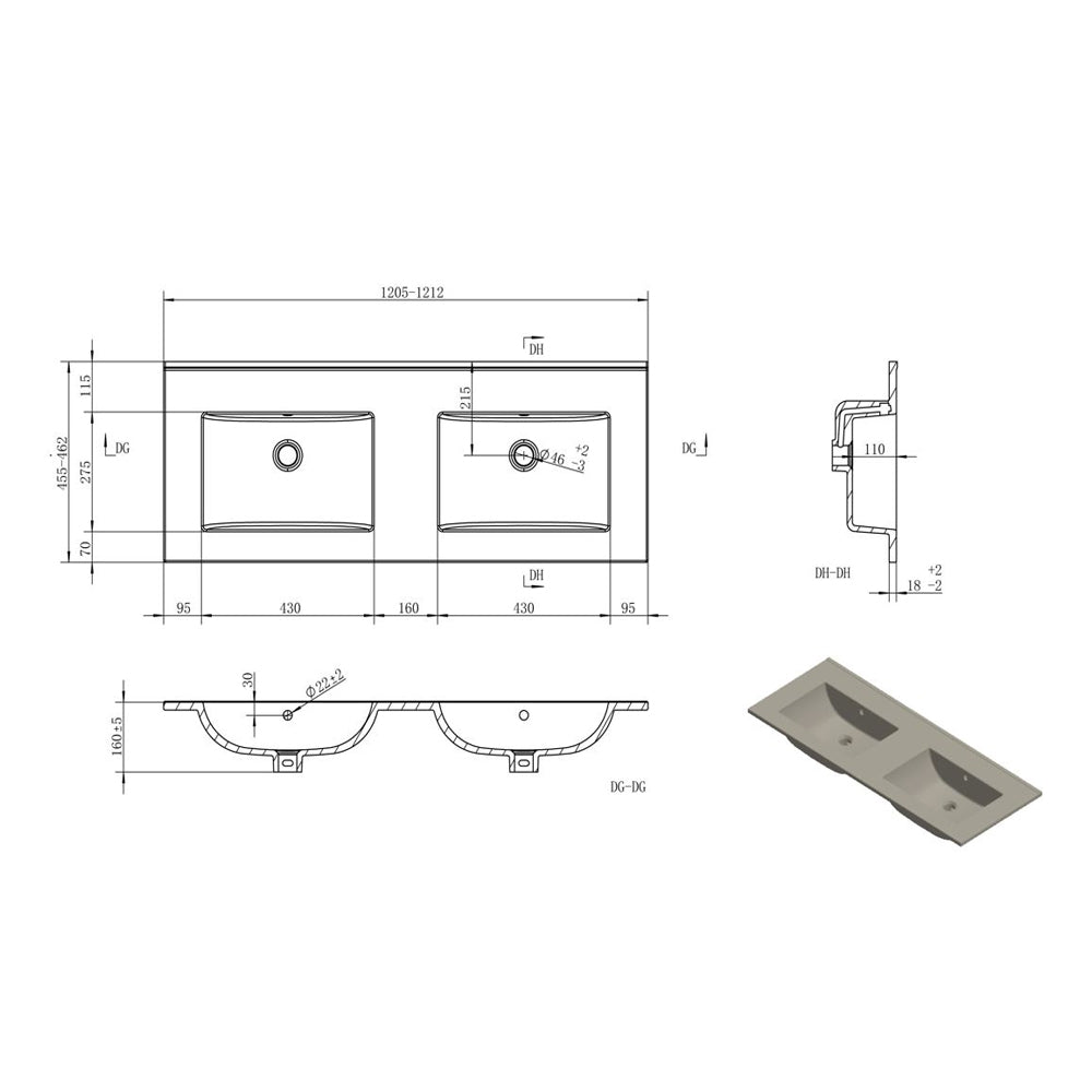 Auvellis Arven 1210mm double-bowl zero-tap-hole basin — technical dimensions