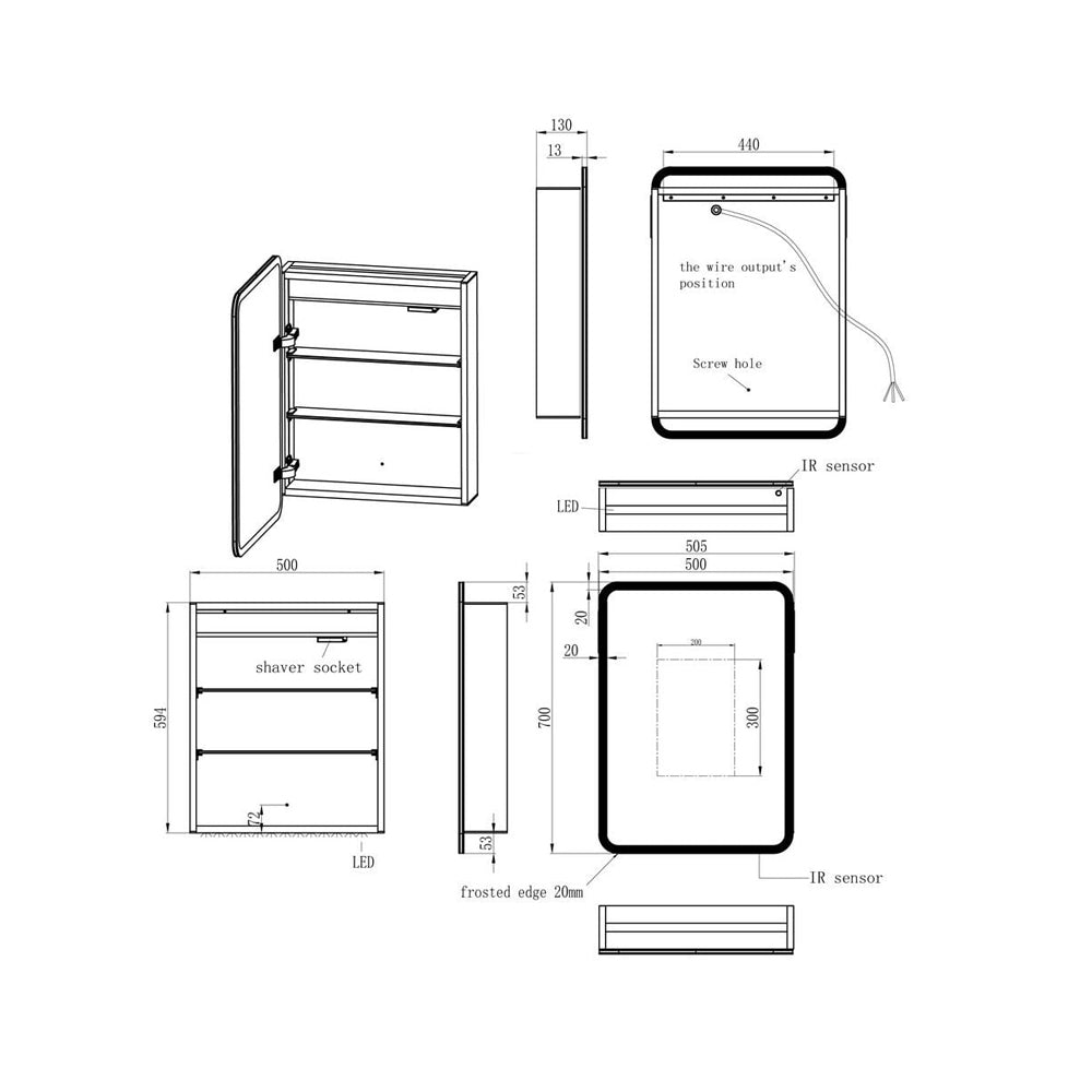 Akari Aluminium Mirror Cabinet With Sensor, Demista Pads, Shaver Socket. Cool White Light 6500k