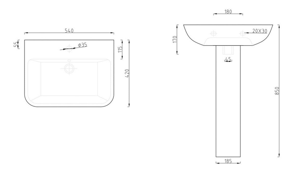 Auvellis 540mm basin and full pedestal in a bathroom setting
