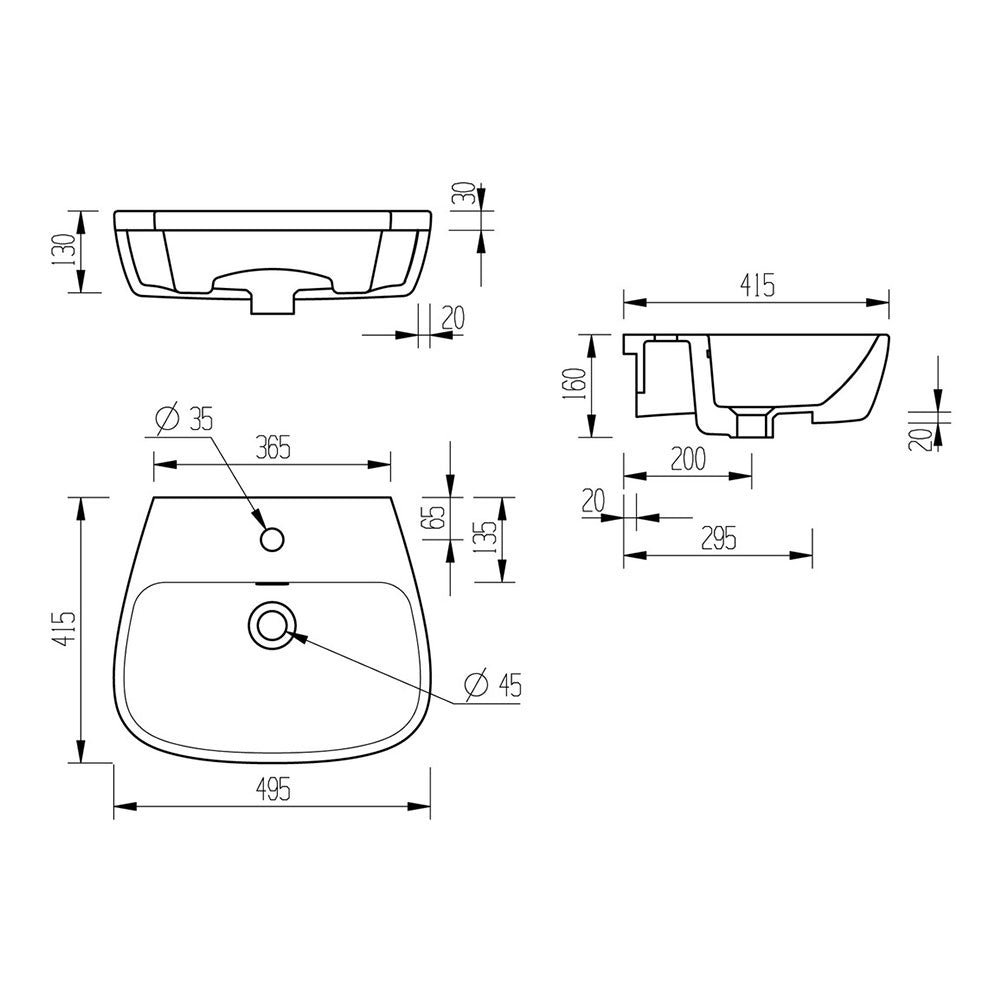 Auvellis Arven 495 x 415mm semi-recessed basin