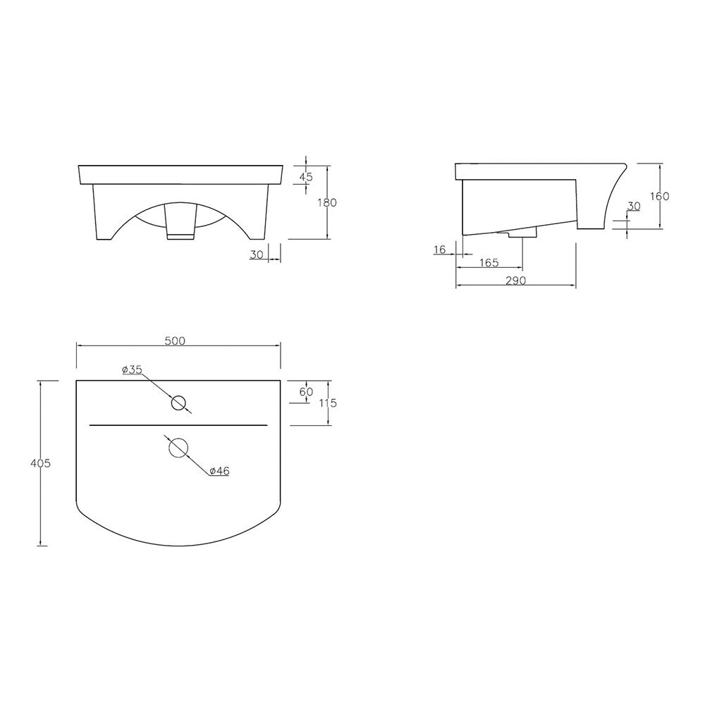 Auvellis Corvex 500 x 400mm semi-recessed washbasin – white