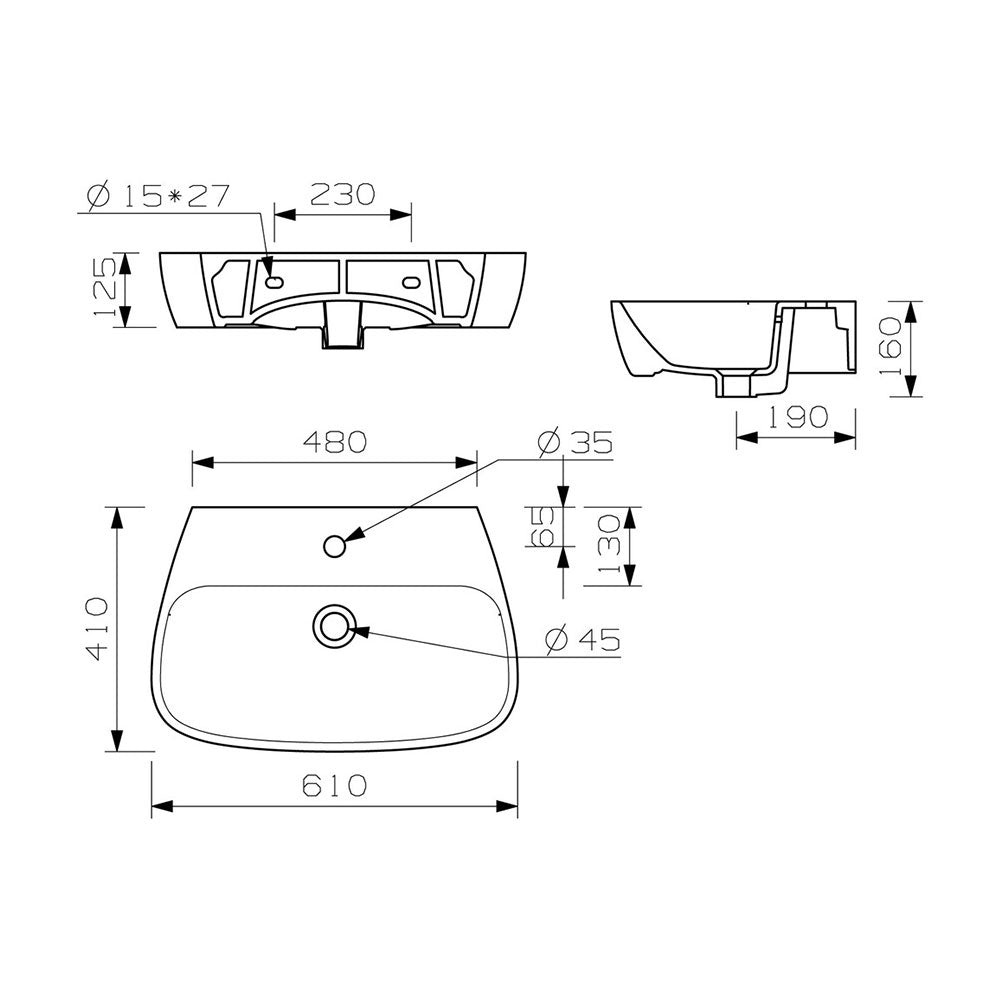 Auvellis Arven 600 x 400mm basin with semi-pedestal