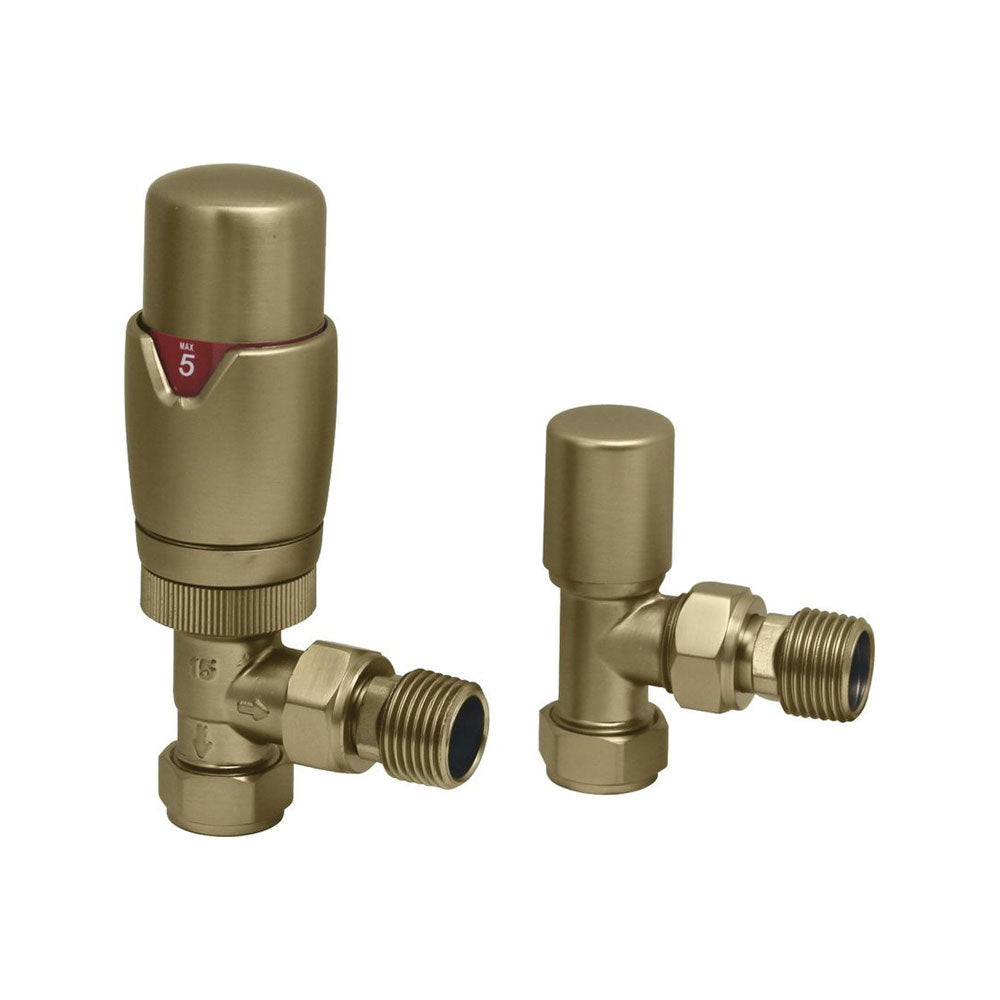 Auvellis Nexara Round Thermostatic Radiator Valves – Angled Brushed Brass