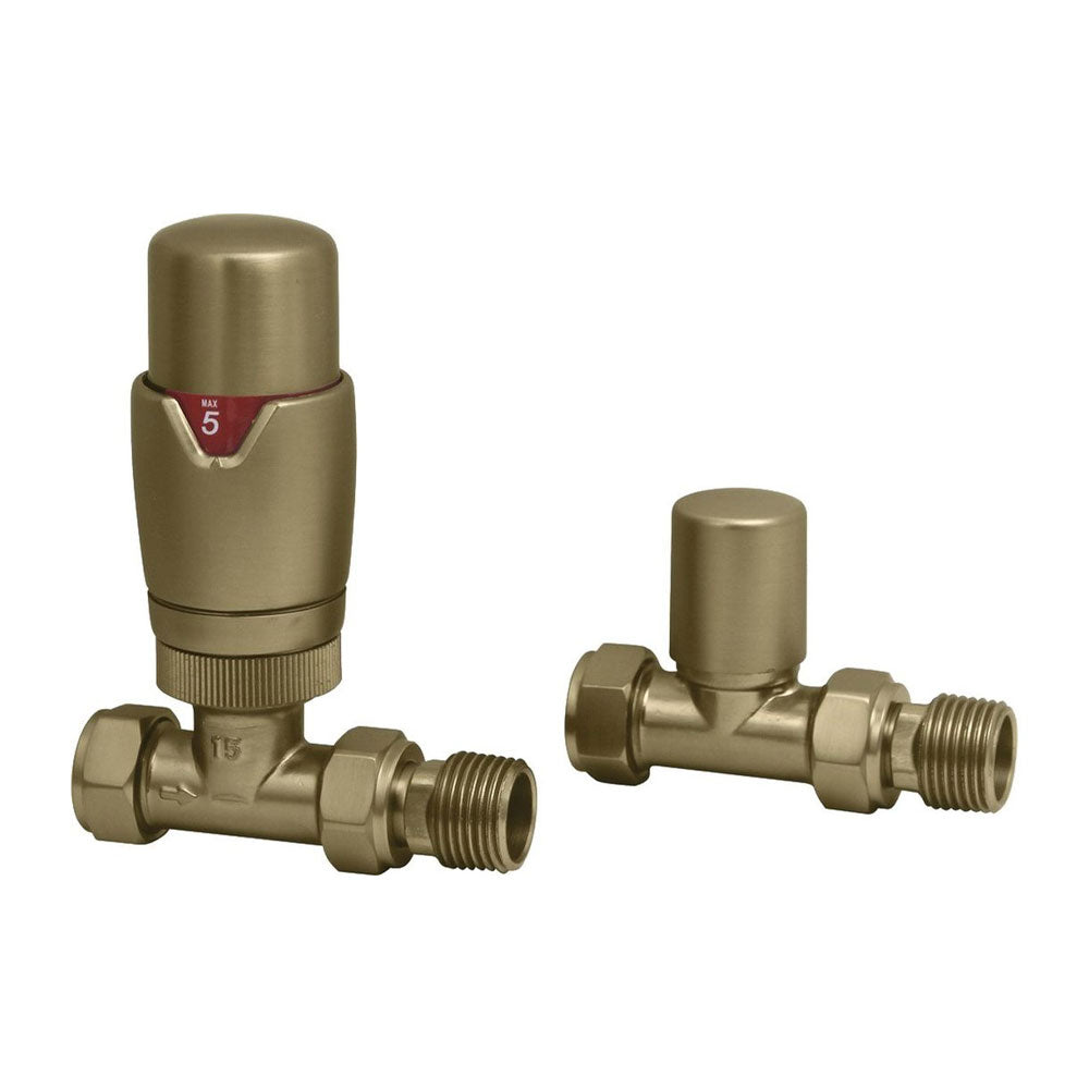 Auvellis Nexara Round Thermostatic Radiator Valves – Straight Brushed Brass