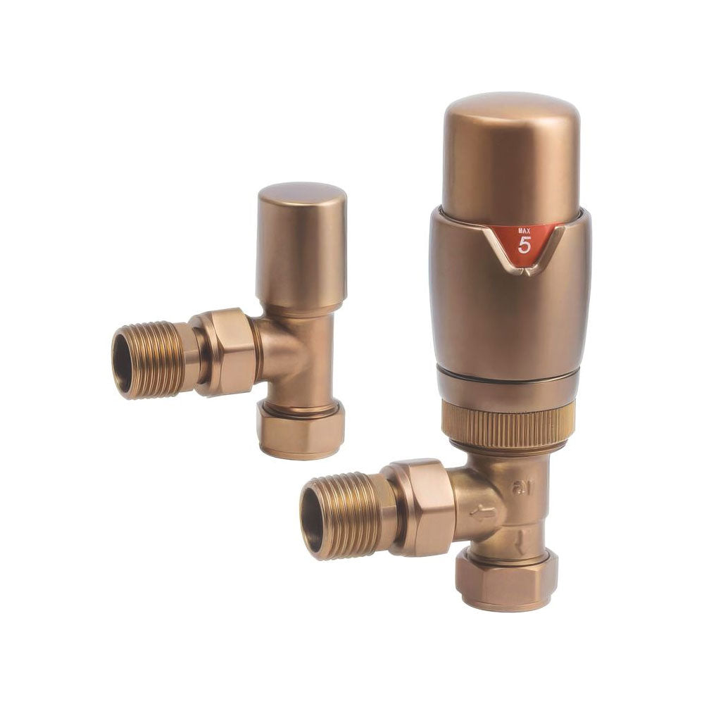 Auvellis Nexara Round Thermostatic Radiator Valves – Angled Brushed Bronze