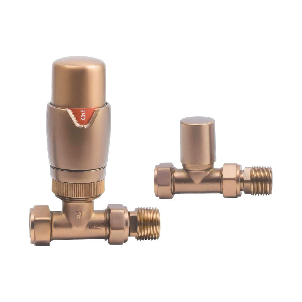 Auvellis Nexara Round Thermostatic Radiator Valves – Straight Brushed Bronze