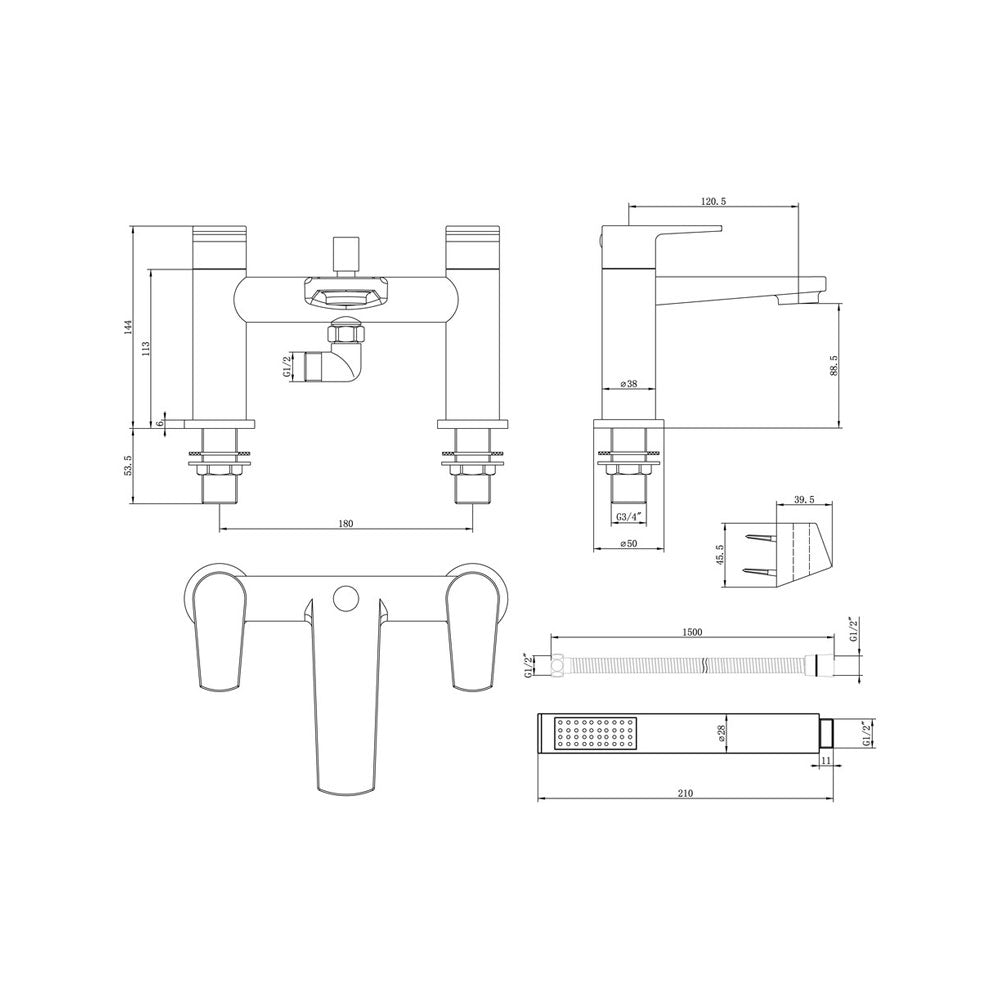 Cassini Deck Mounted Bath/Shower Mixer Including Shower Kit Chrome