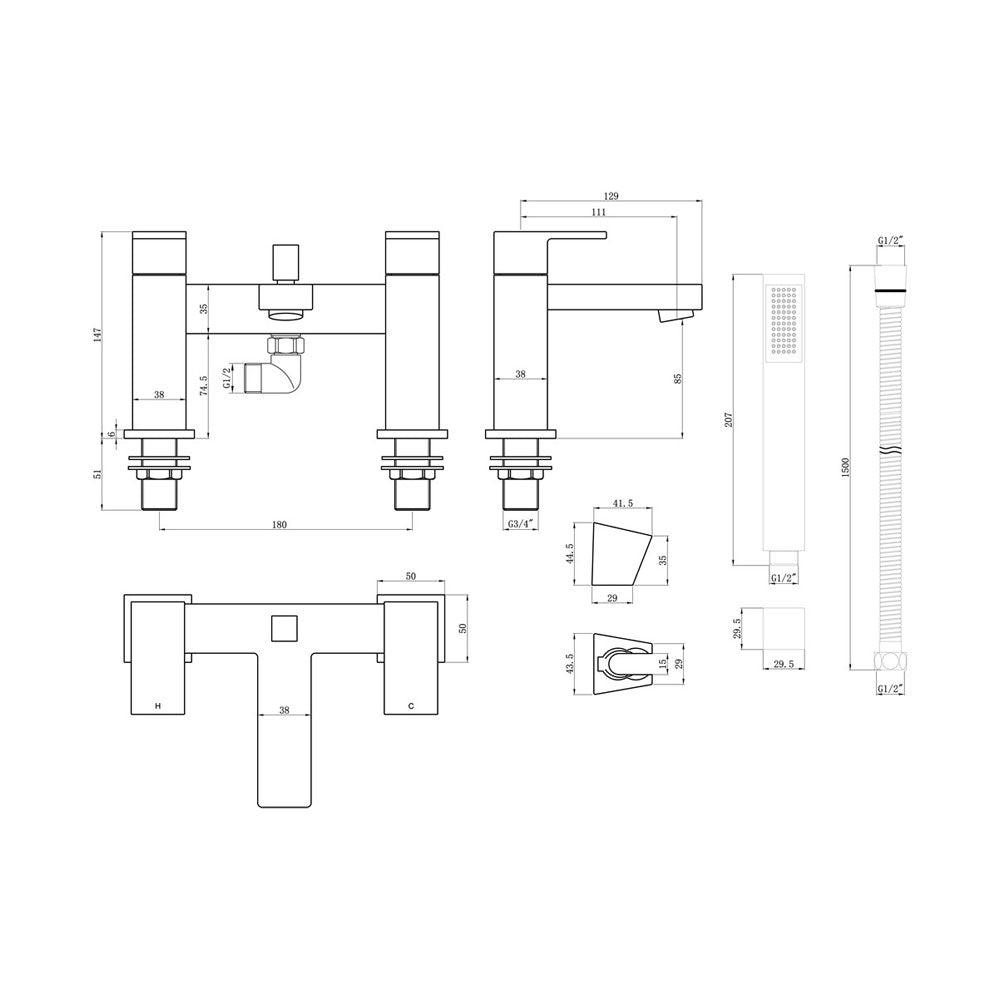 Auvellis Rovane angular deck-mounted bath shower mixer – Chrome detail view