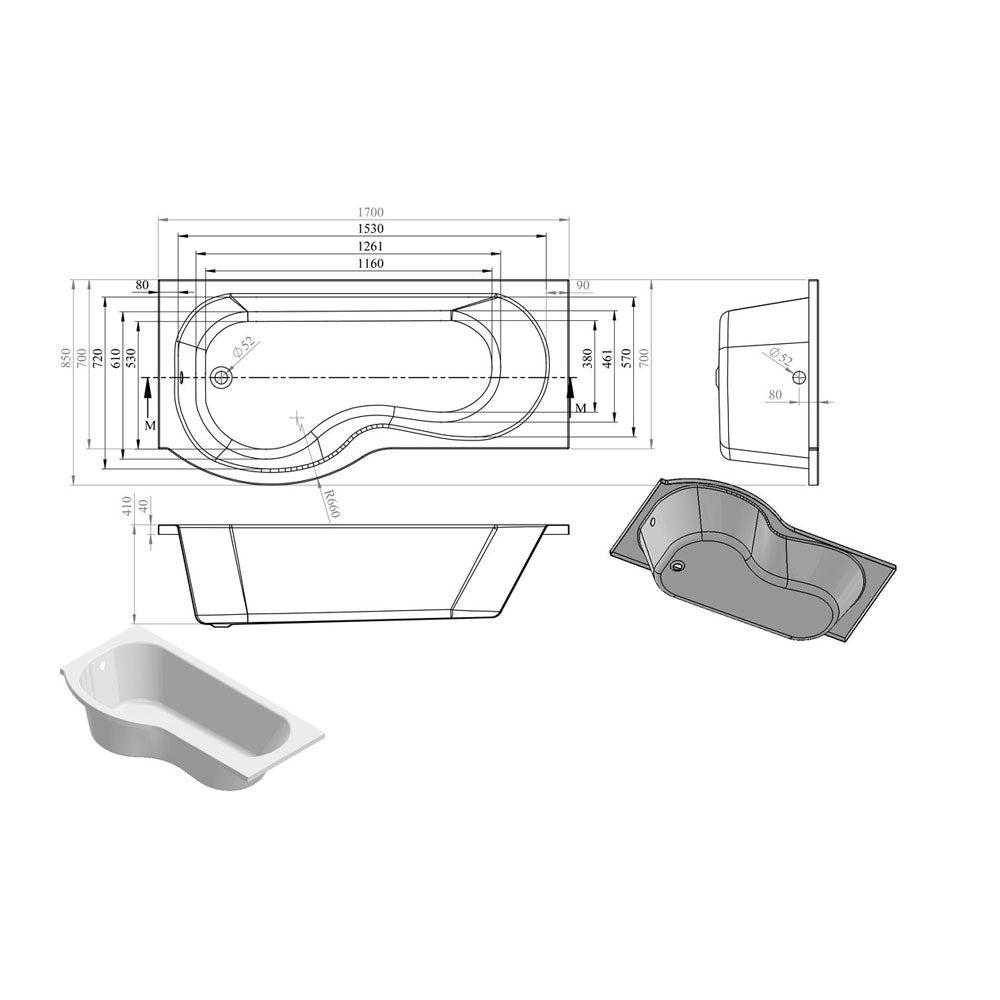 Pureflo 1700x700-850mm Shower Bath 0th With Screen And Bath Panels