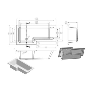 Pureflo 1700x700-885mm Shower Bath 0th With Screen And Bath Panels Pureflo