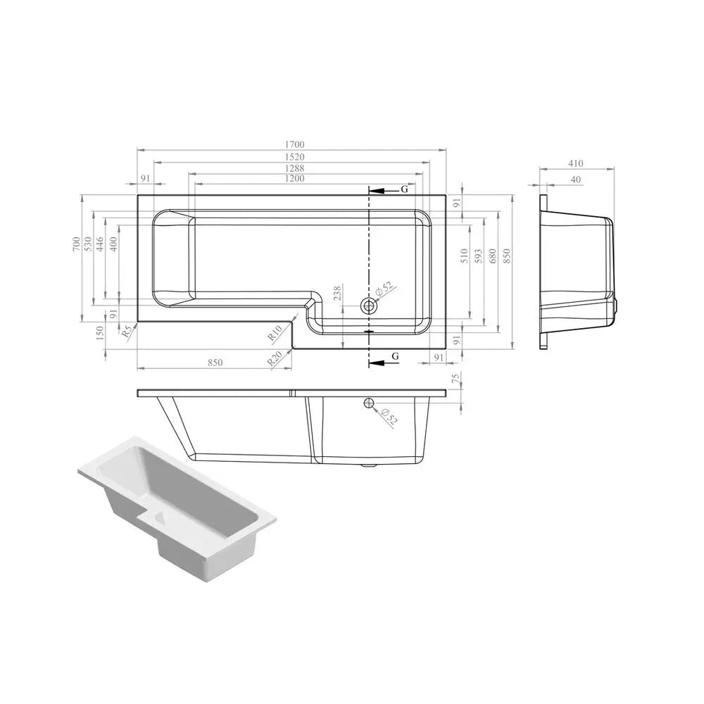 Pureflo 1700x700-885mm Shower Bath 0th With Screen And Bath Panels Pureflo