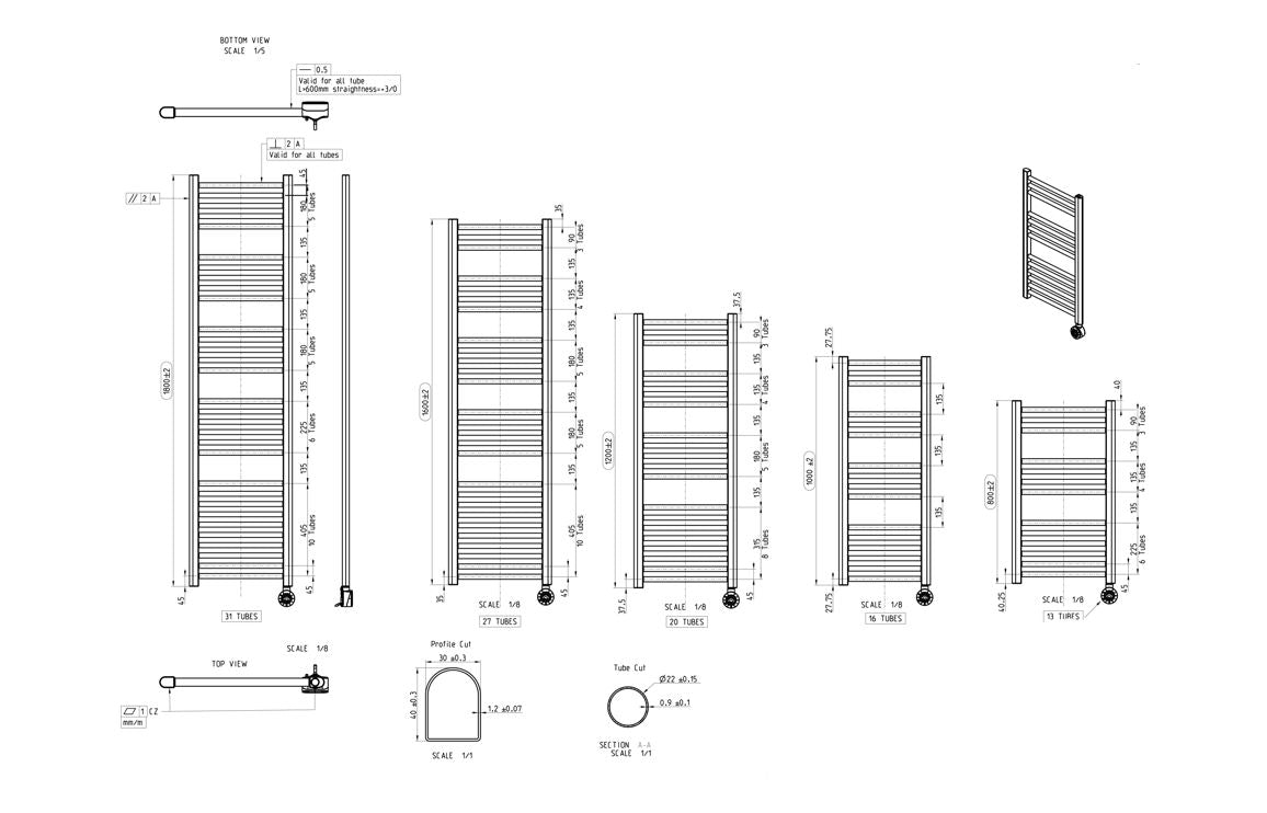 Auvellis Tivor electric towel rail dimensions