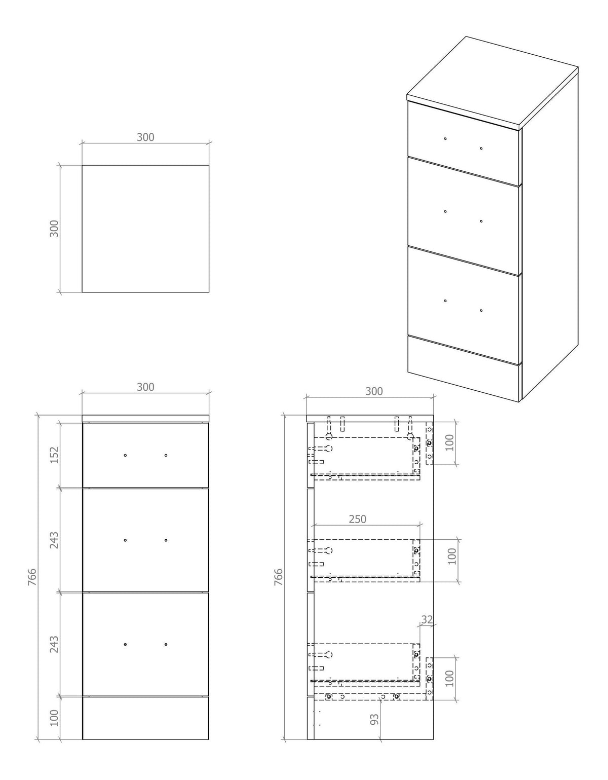 Dimensions and layout of Auvellis Forma 300mm three-drawer white gloss base unit