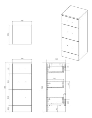 Dimensions and layout of Auvellis Forma 300mm three-drawer white gloss base unit
