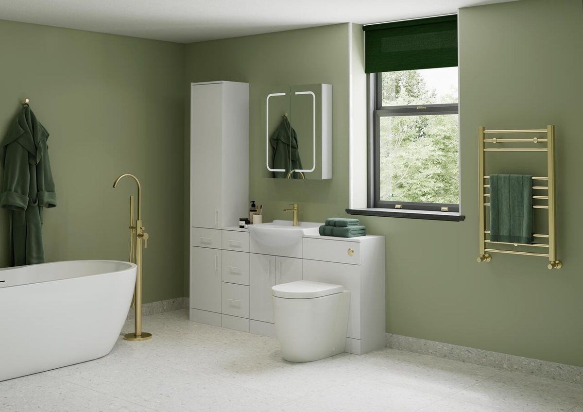 Auvellis Forma white gloss bathroom furniture in a styled bathroom