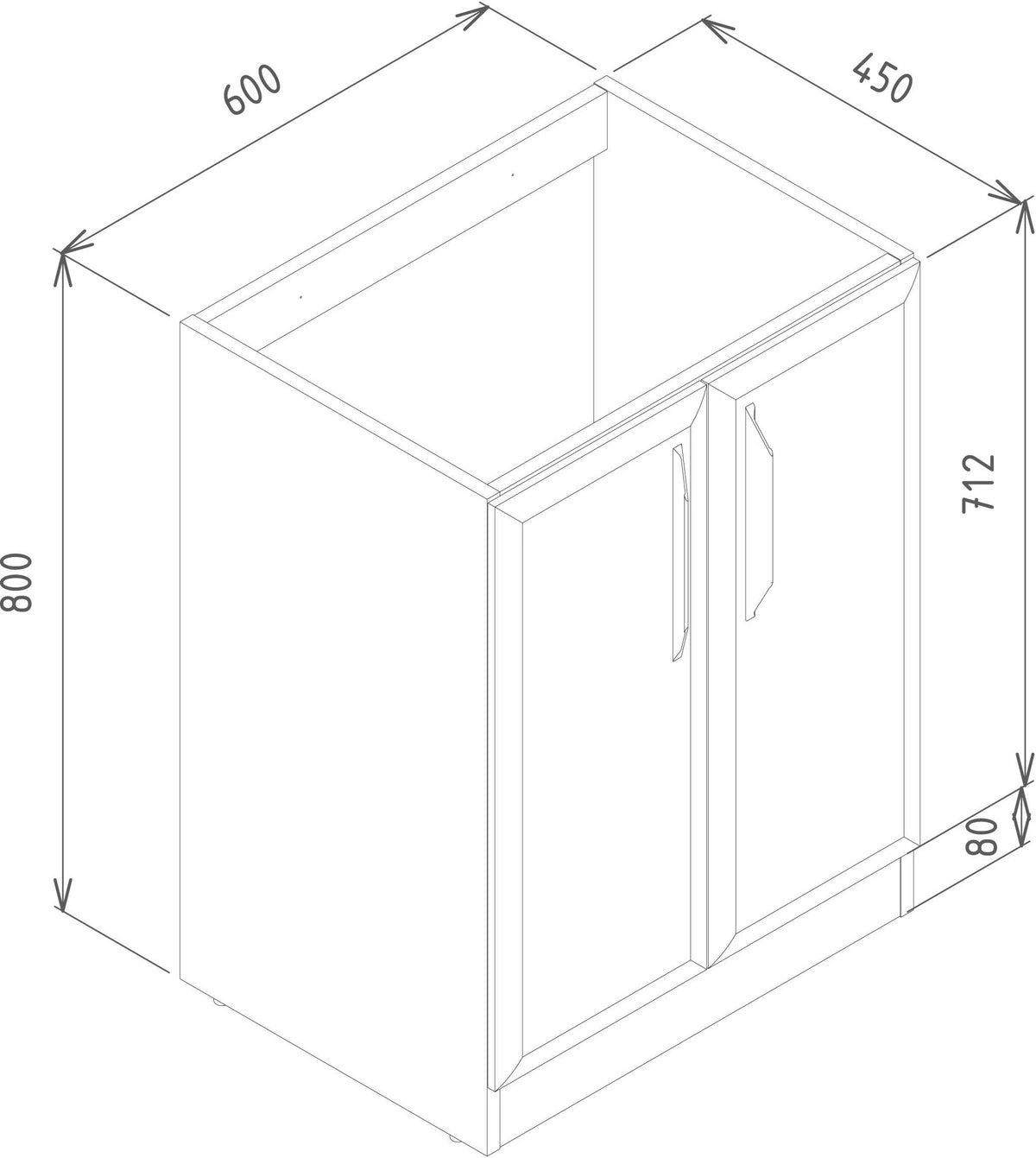 Auvellis Arven 615mm floor-standing two-door basin unit – cabinet technical dimensions