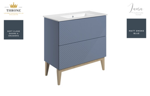 Auvellis Arven 815mm slim-depth floor-standing vanity with ceramic basin in matt smoke blue