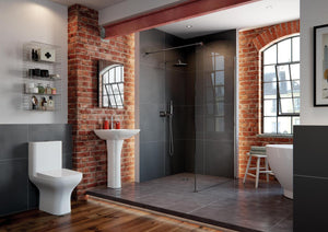 Auvellis Arven Rimless Back To Wall Toilet With Wrapover Soft Close Seat in a bathroom setting