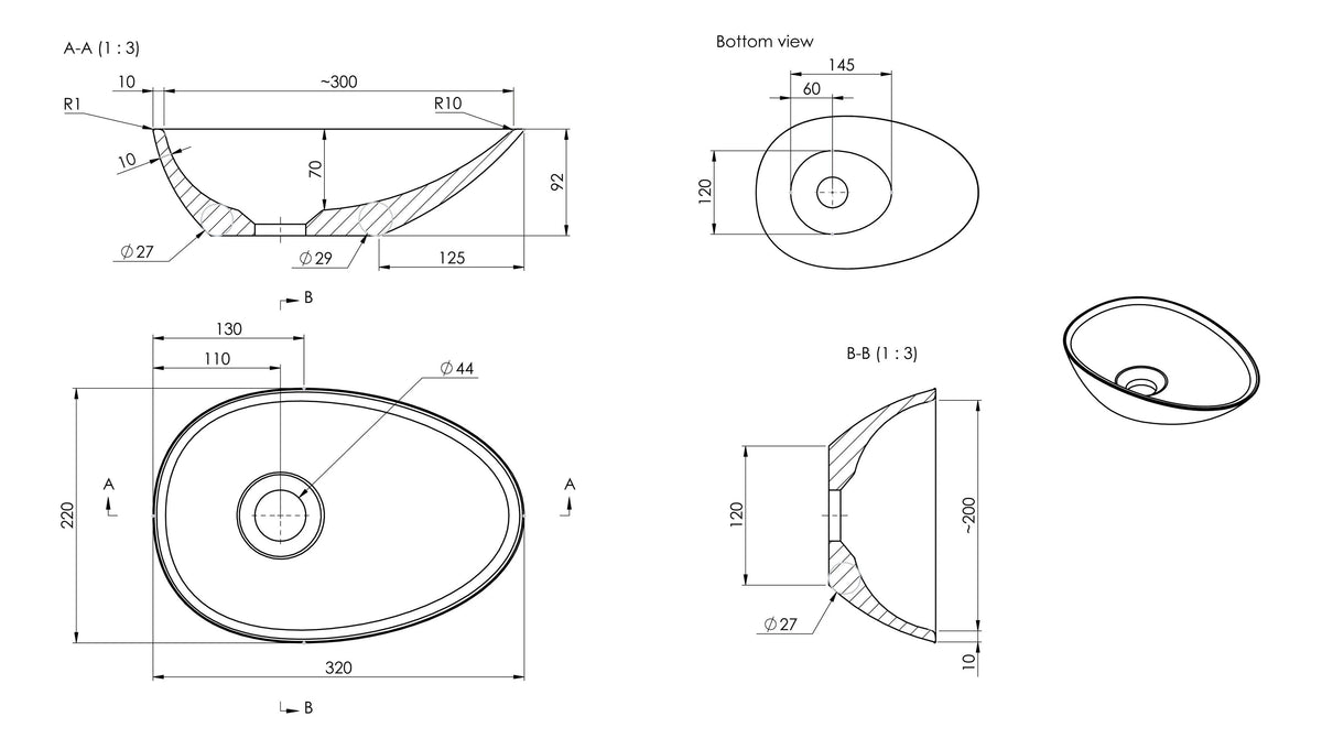 Auvellis Ava 320mm basin technical dimensions