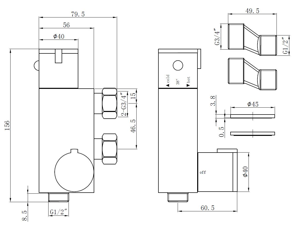 Auvellis chrome douche valve dimensions
