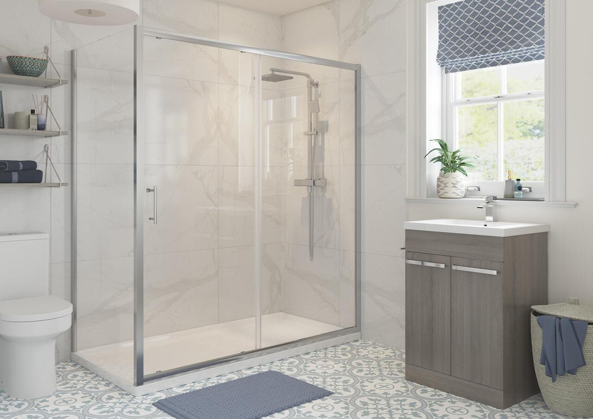 Auvellis Nexara Classix 6mm Shower Side Panel - Chrome in a bathroom setting