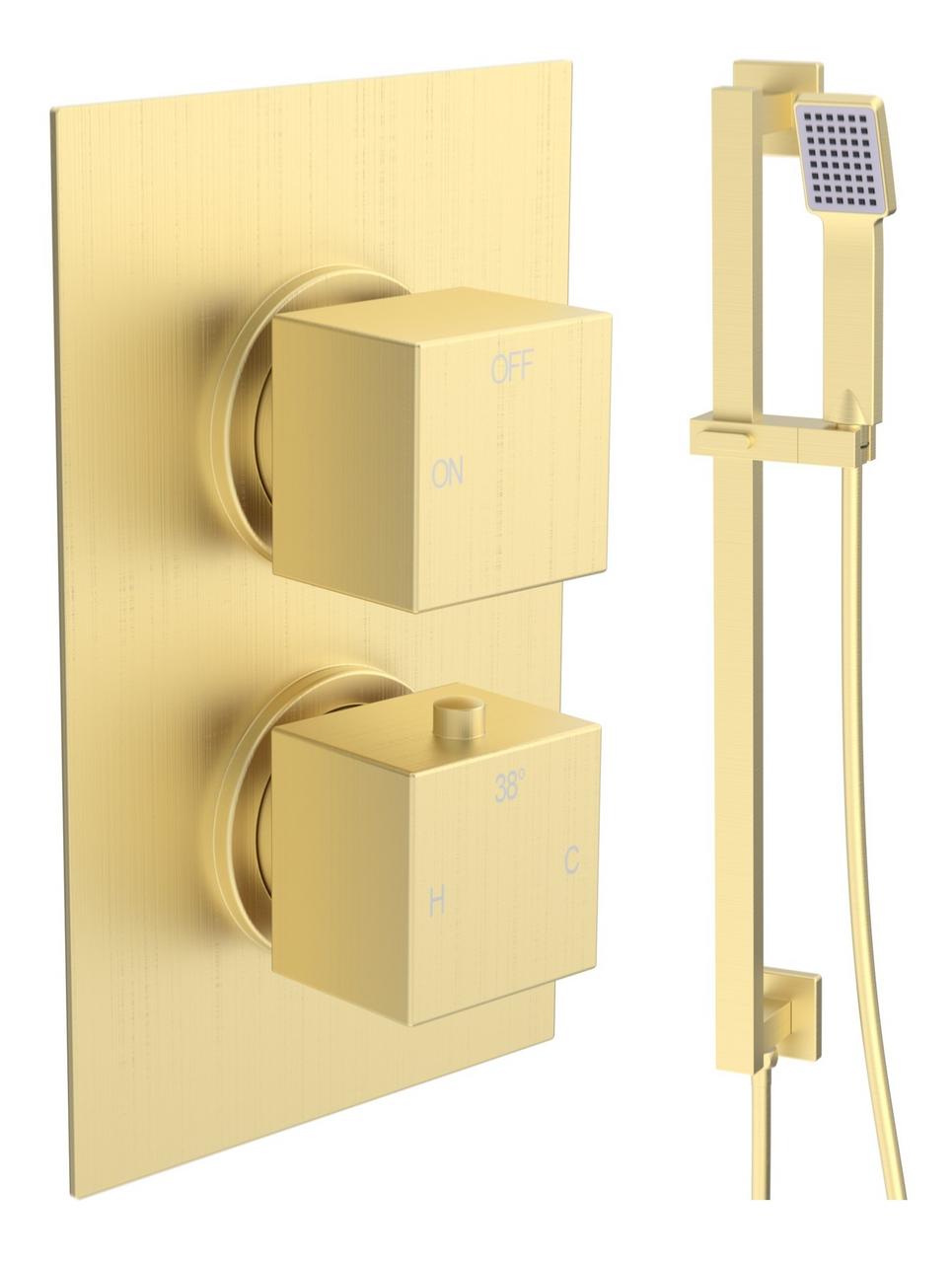 Auvellis Comet square single-outlet shower pack with riser in Brushed Brass
