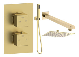 Auvellis Comet square two-outlet thermostatic shower pack with handset in Brushed Brass