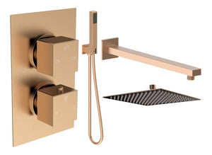 Auvellis Comet square two-outlet thermostatic shower pack with handset in Brushed Bronze