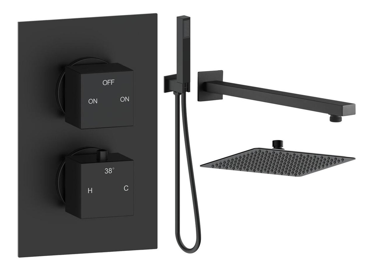 Auvellis Comet square two-outlet thermostatic shower pack with handset in Matt Black