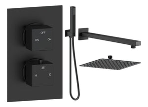 Auvellis Comet square two-outlet thermostatic shower pack with handset in Matt Black