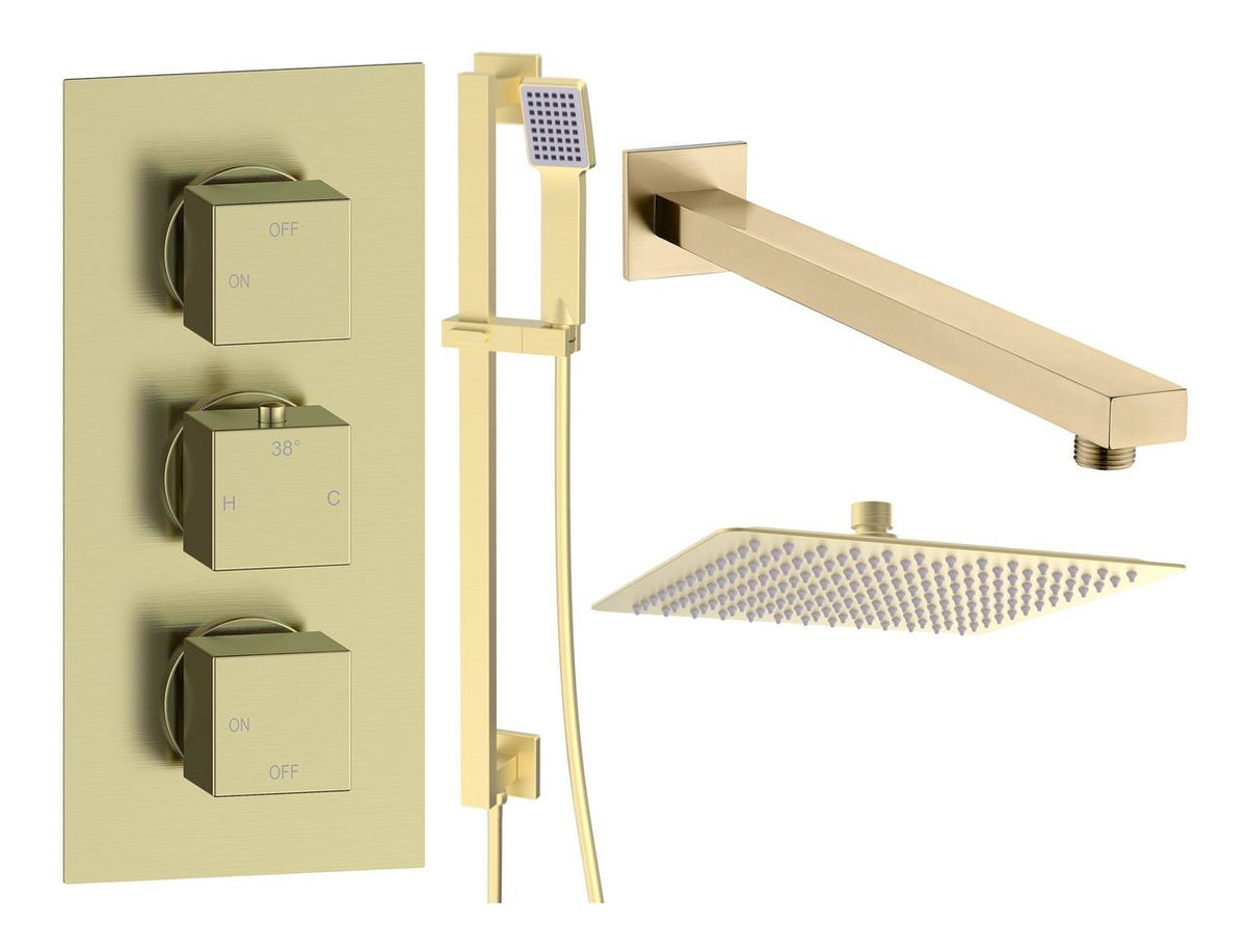 Auvellis Comet square two-outlet thermostatic shower pack in Brushed Brass
