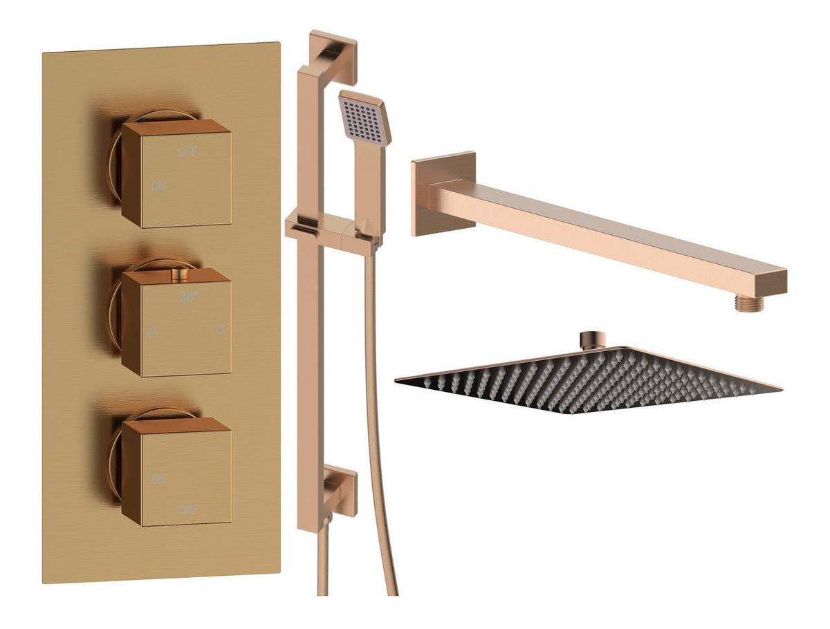 Auvellis Comet square two-outlet thermostatic shower pack in Brushed Bronze