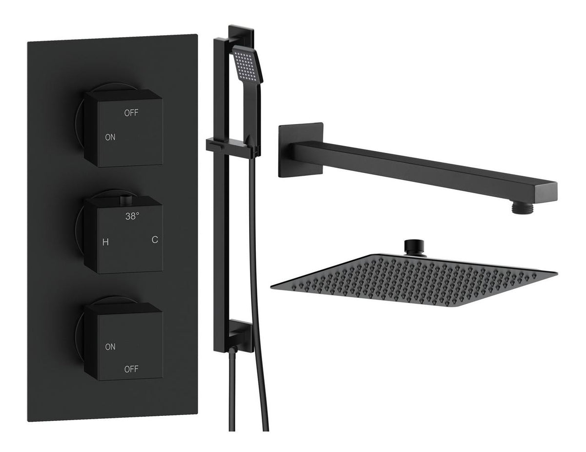Auvellis Comet square two-outlet thermostatic shower pack in Matt Black
